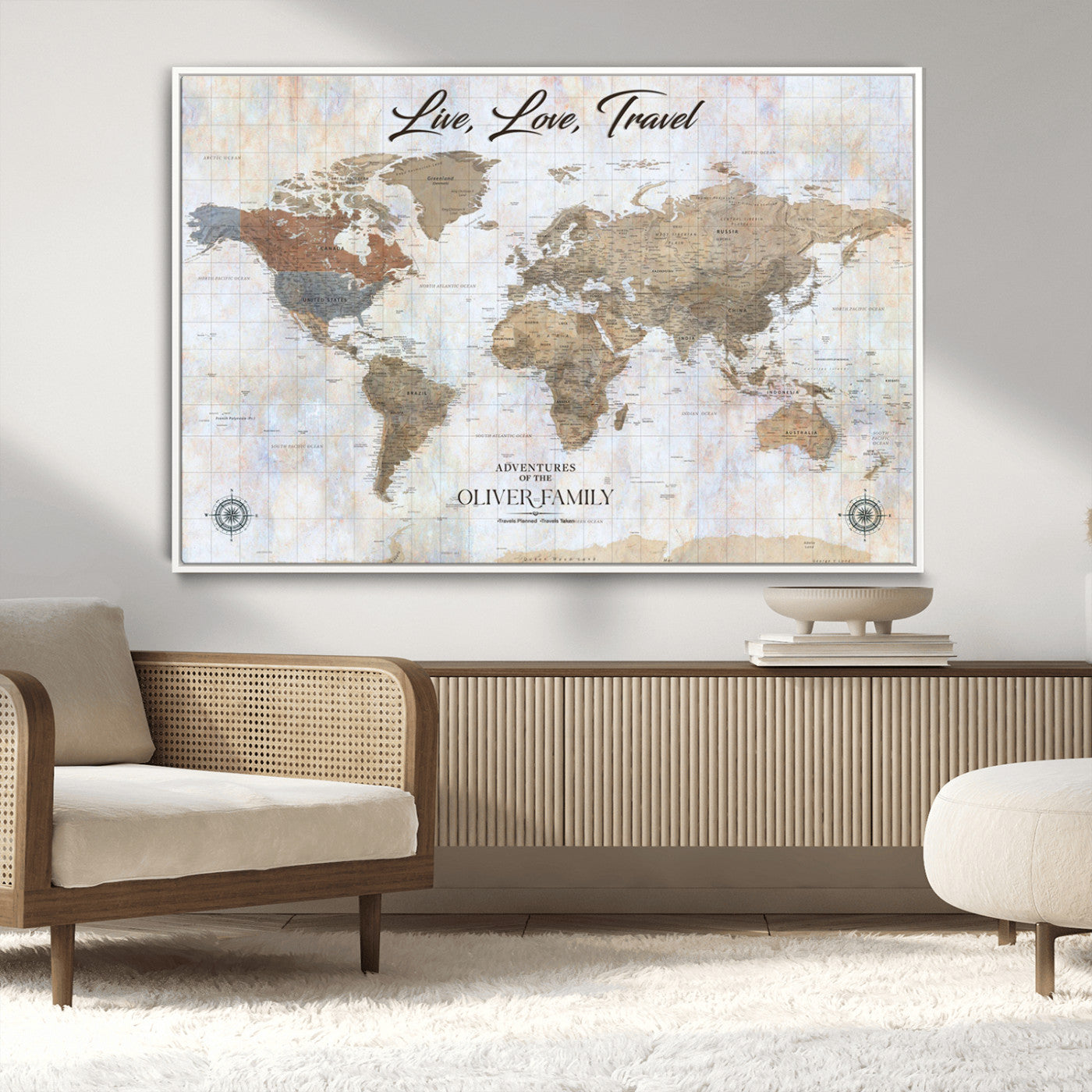 43924907-MGV-CV-36X24-Live Love Travel Wall Art – Neutral World Map Canvas Print, Rustic Adventure Decor for Home, Office or Living Room, Unique Gift
