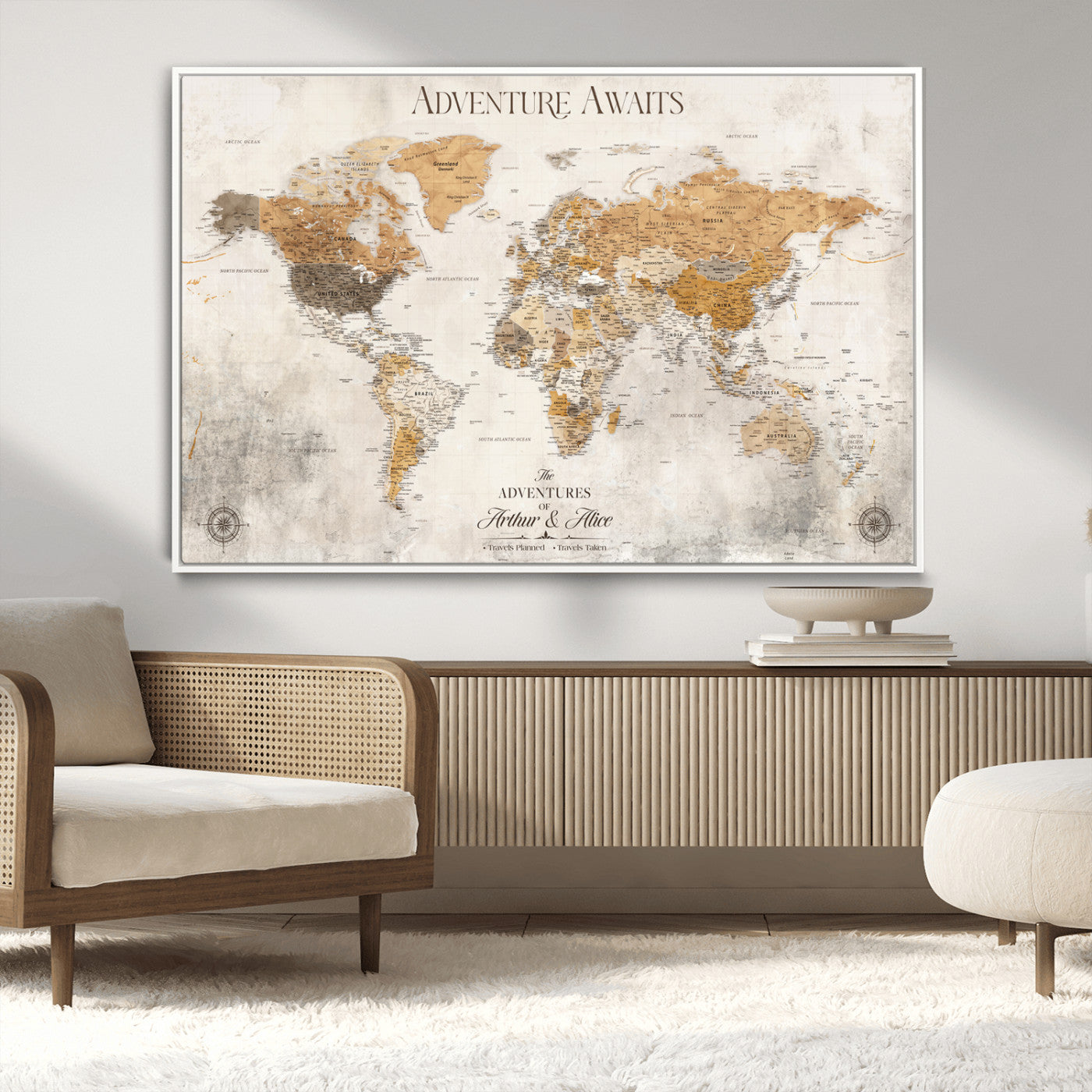 99422096-MGV-CV-36X24-Adventure Awaits World Map Wall Art – Neutral Beige Canvas Print, Modern Travel Inspired Wall Decor for Living Room, Bedroom or