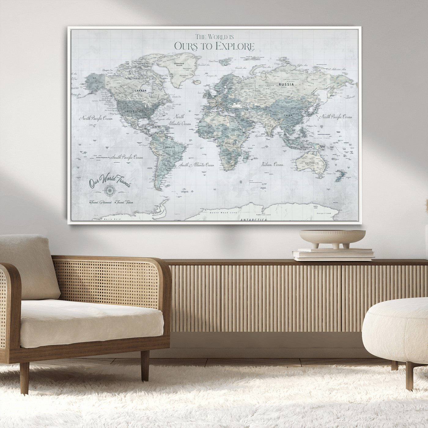 94249974-MGV-CV-36X24-Ours Explore World Map Wall Art – Modern Travel Canvas Print, Neutral Adventure Decor for Living Room, Office, Study, Bedroom,