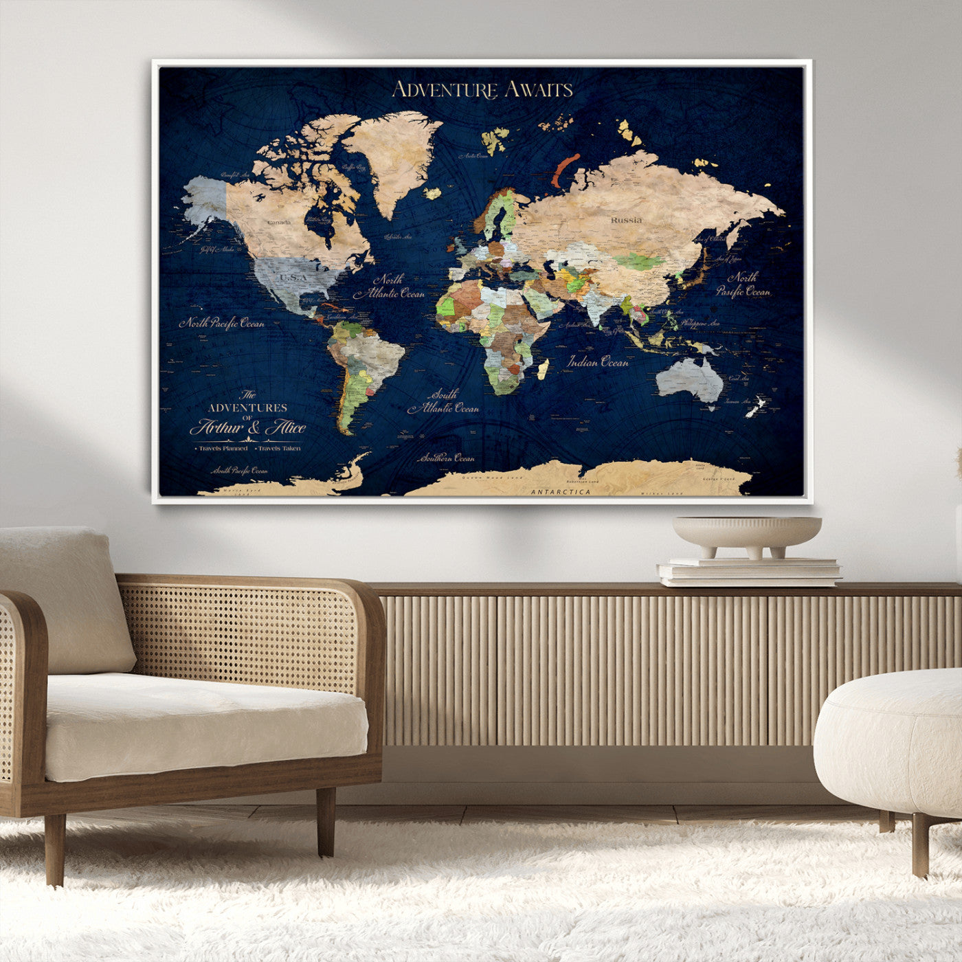 43160428-MGV-CV-36X24-Adventure Awaits Navy Blue World Map – Vibrant Travel Canvas Wall Art, Antique Atlas Print, Wanderlust Decor for Home Office