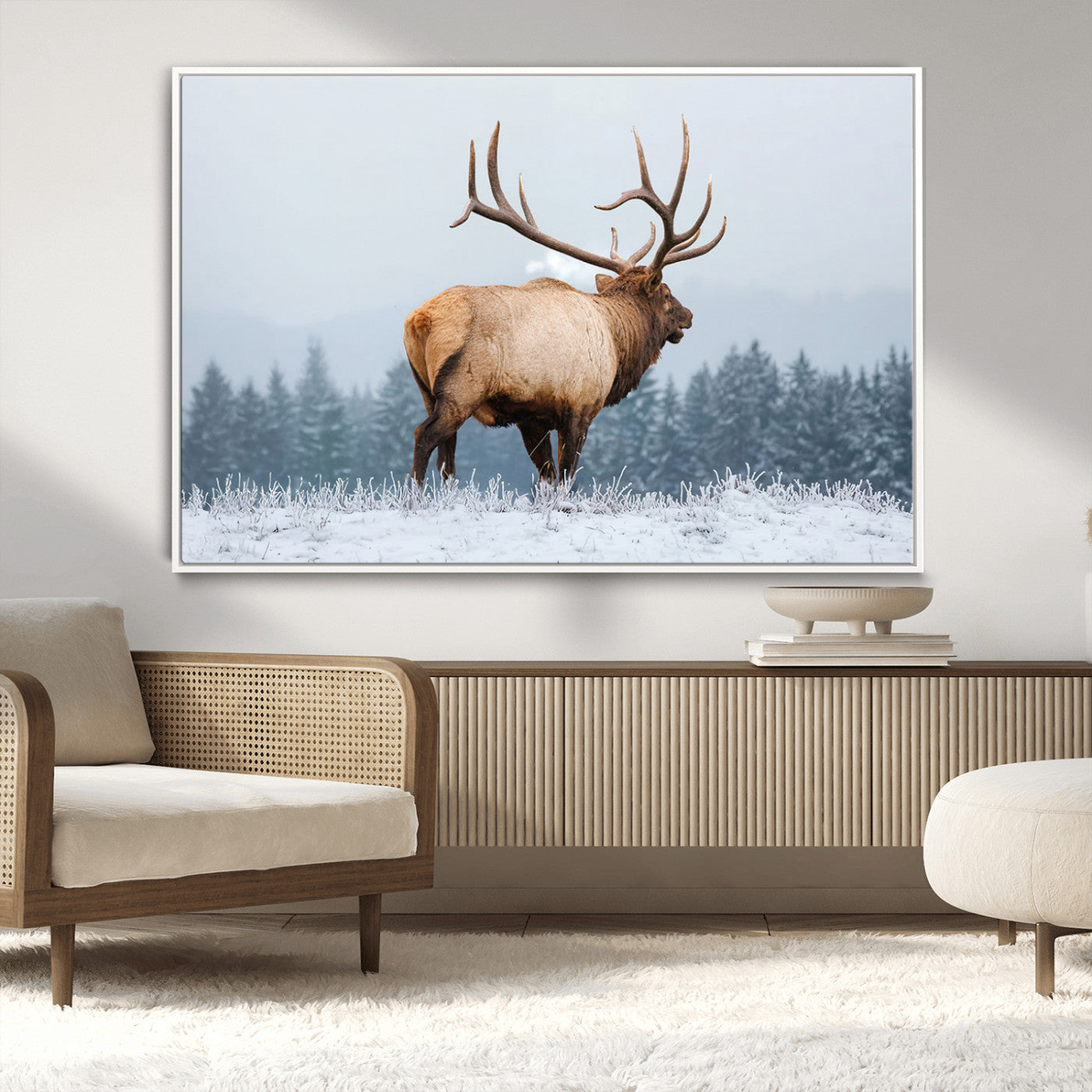 85177251-MGV-CV-36X24-Elk Wall Art – Majestic Wildlife Canvas Print of Bull Elk Snowy Forest, Rustic Nature Decor for Living Room, Cabin, or Office