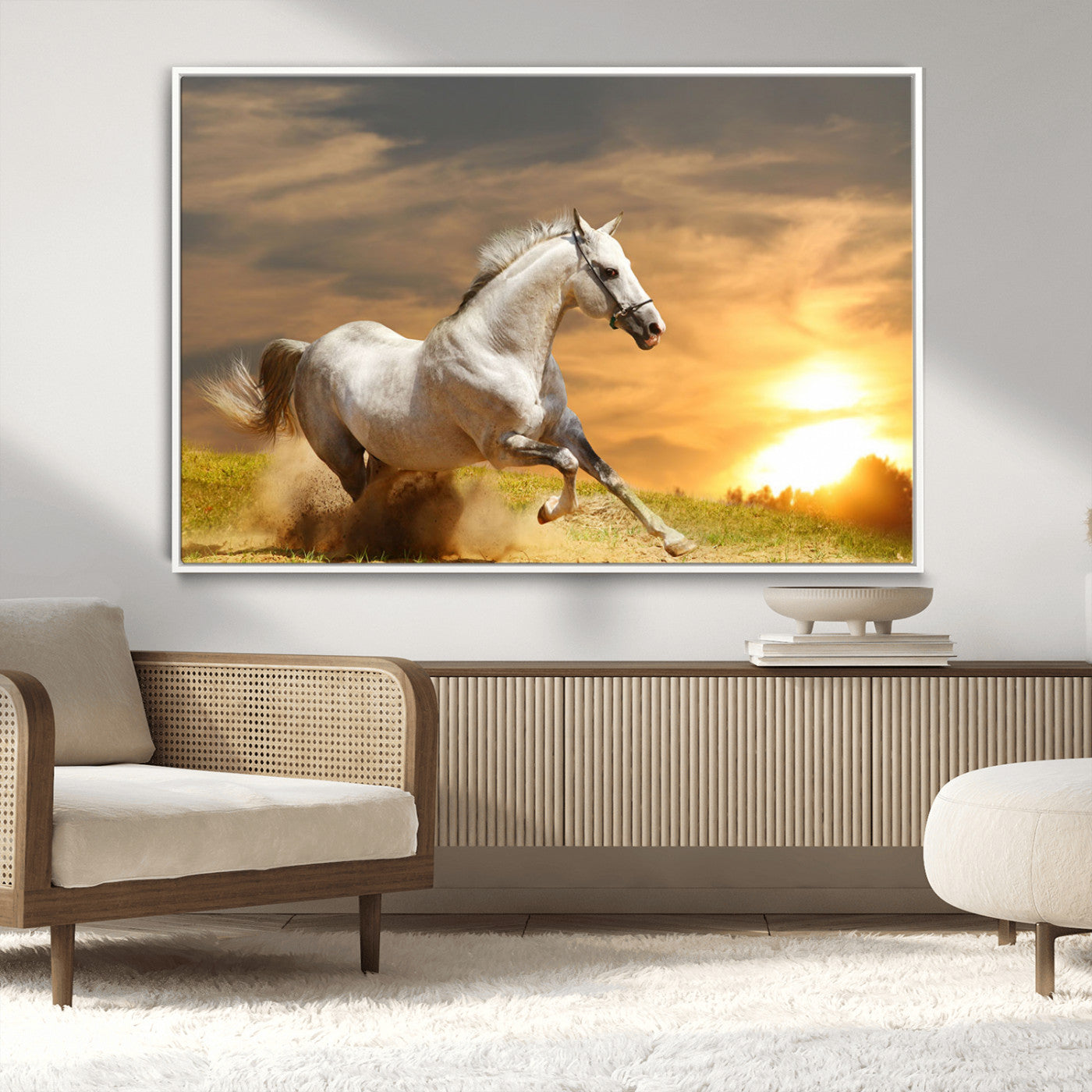 44295212-MGV-CV-36X24-Horse Wall Art – Running White Stallion Canvas Print with Sunset Background, Western Wildlife Decor for Living Room, Office, or