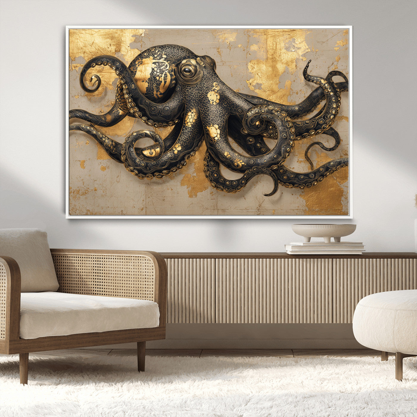57944271-MGV-FC-36X24_White-Octopus Canvas Wall Art – Black & Gold Textured Tentacles, Marine Life Ocean Creature, Nautical Decor, Artistic Vintage Style for
