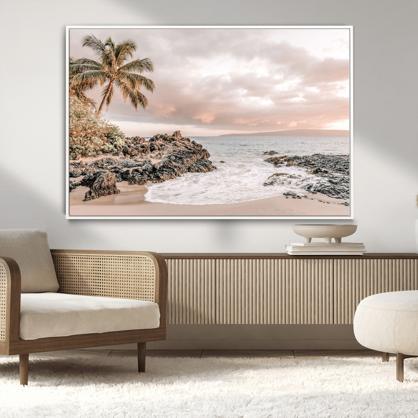 18005328-MGV-CV-36X24-Tropical Beach Wall Art – Coastal Ocean Canvas Print with Palm Tree, Sunset Sky and Rocky Shore, Serene Seascape Photography for