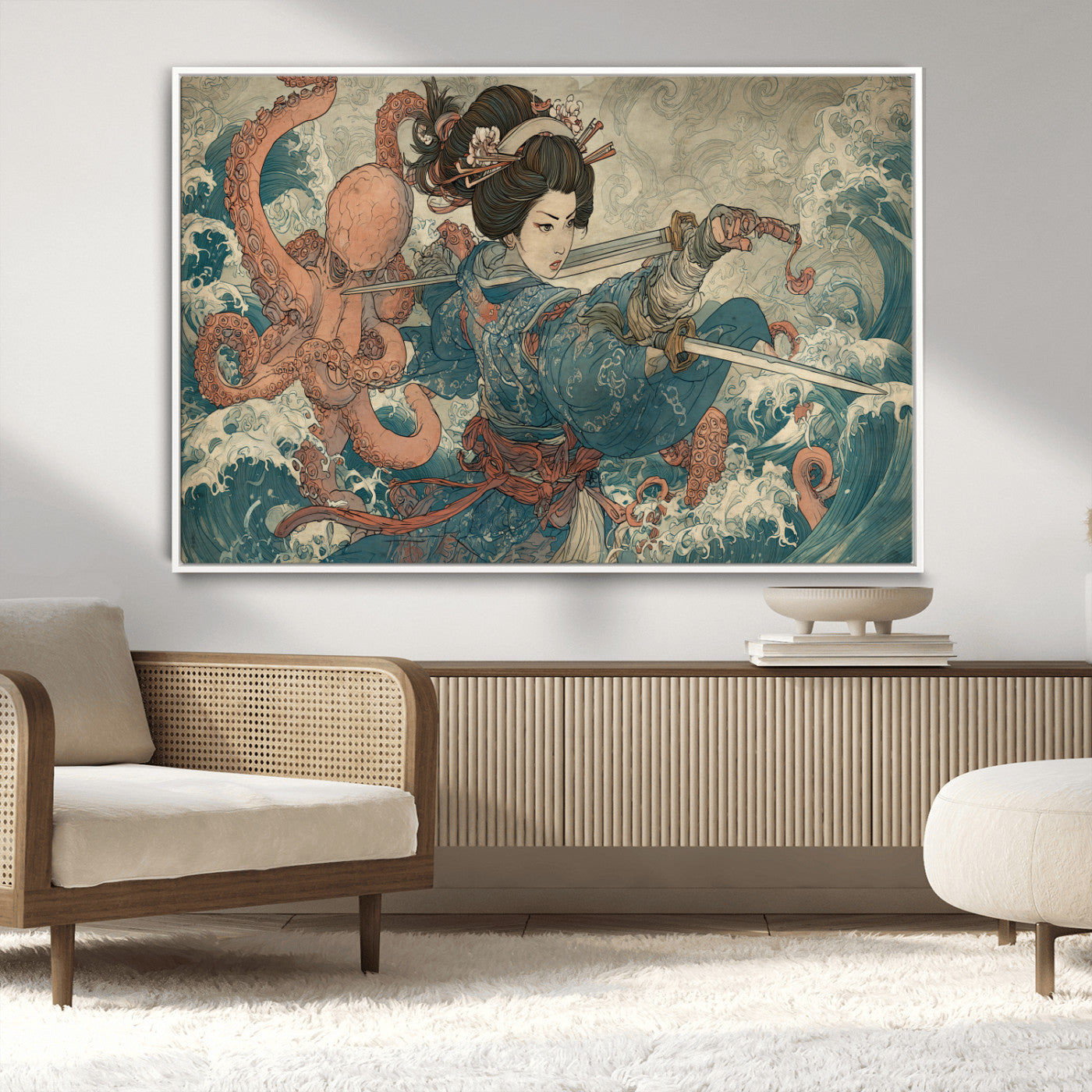 52037775-MGV-CV-36X24-Tsukioka Yoshitoshi Samurai Wall Art Print, Japanese Katana Warrior Canvas Wall Art, Octopus Sea Monster Canvas Print,