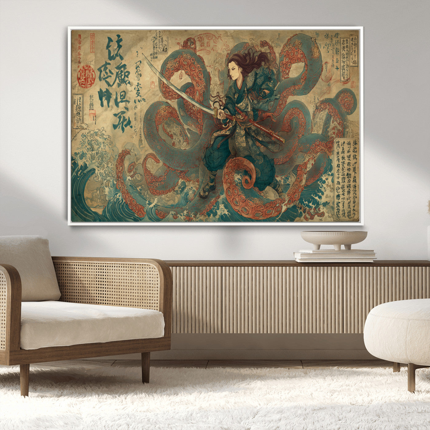 98593115-MGV-CV-36X24-Tsukioka Yoshitoshi Samurai Wall Art Print, Japanese Katana Warrior Canvas Wall Art, Octopus Sea Monster Canvas Print,