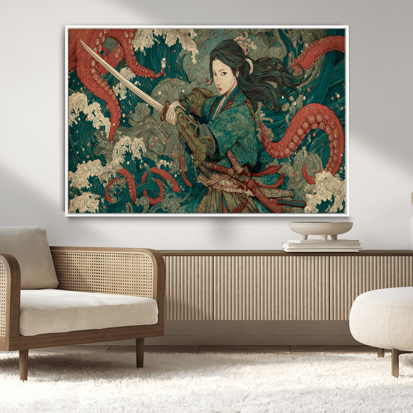 35461724-MGV-CV-36X24-Samurai Woman vs Octopus Wall Art – Japanese Ukiyo-e Ocean Waves Canvas Print, Red Tentacle Battle Artwork for Living Room,