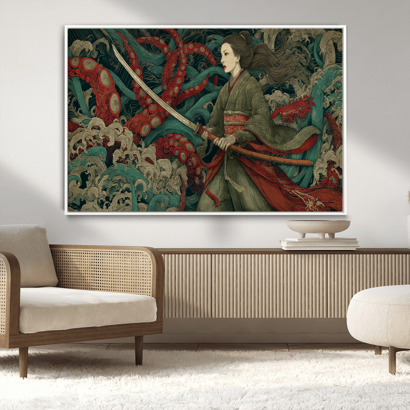 18902796-MGV-CV-36X24-Samurai Woman vs Octopus Wall Art – Japanese Ukiyo-e Green Kimono Canvas Print, Ocean Battle Scene Artwork for Living Room,