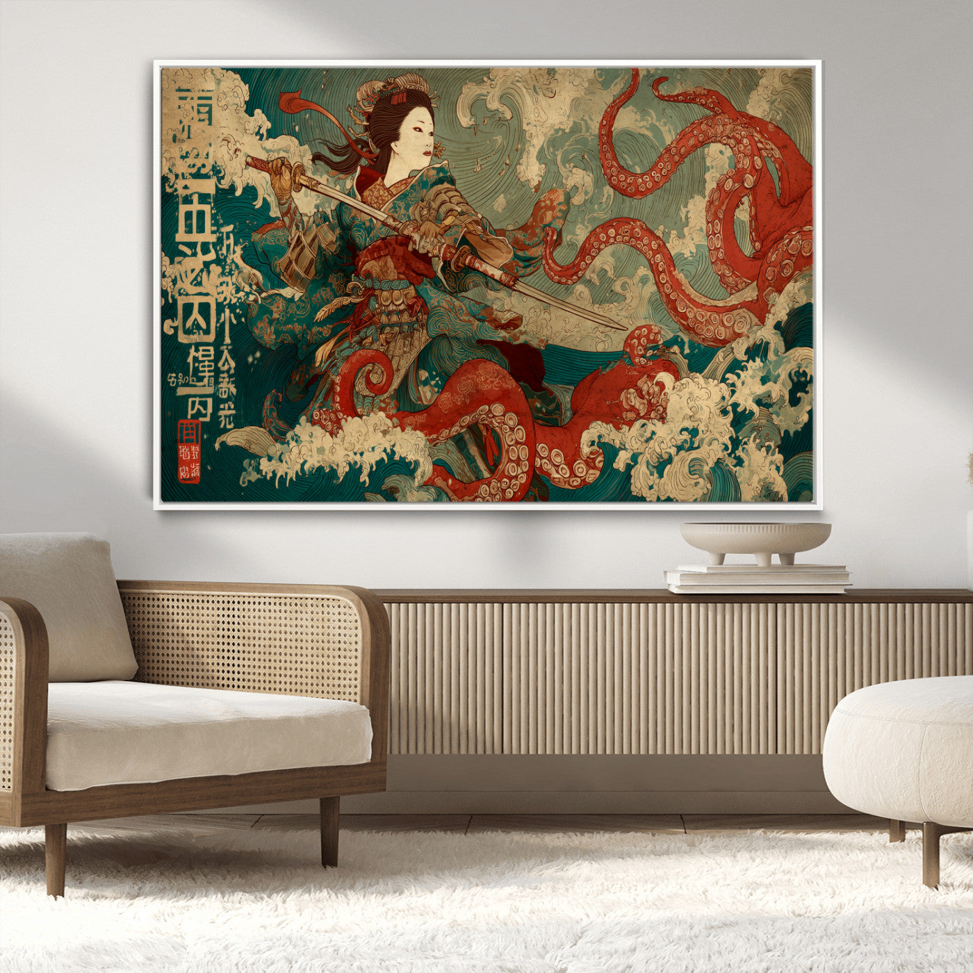 60201267-MGV-CV-36X24-Samurai Woman vs Octopus Wall Art – Japanese Ukiyo-e Armor Canvas Print, Red Tentacle Ocean Battle Artwork for Living Room,