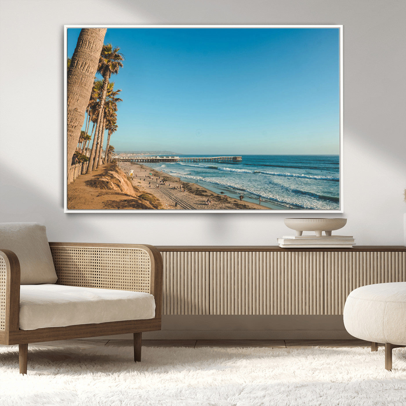 92568259-MGV-CV-36X24-California Beach Wall Art – Palm Tree Pier Canvas Print, Coastal Ocean Photography Seaside Decor for Living Room, Bedroom, Office,