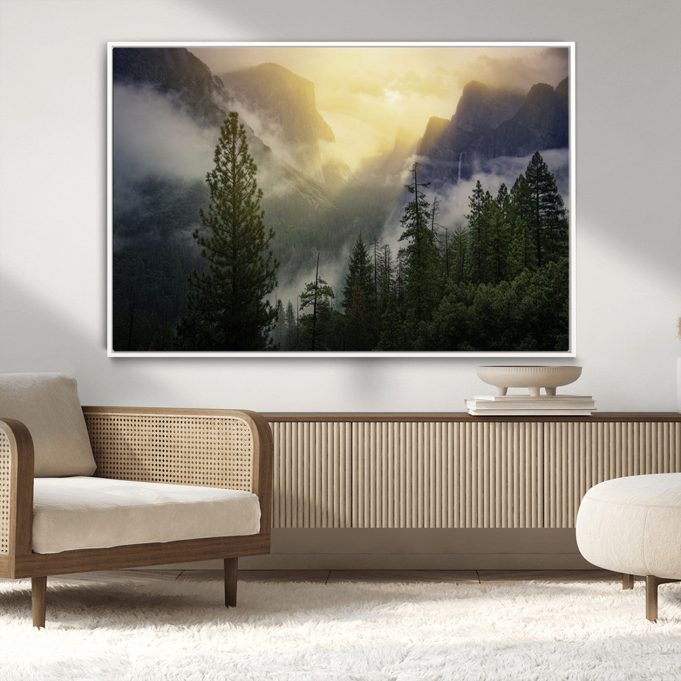 38316884-MGV-CV-36X24-Landscape Wall Art – Misty Mountain Valley Canvas Print, Scenic Pine Forest and Sunrise Photography Decor for Bedroom, Living