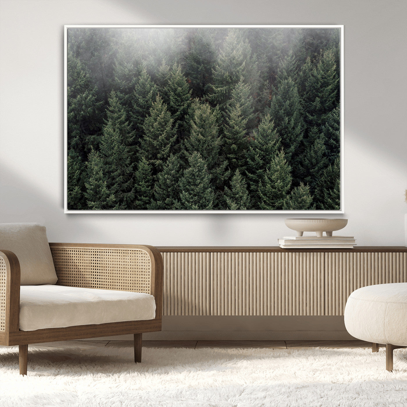 84059409-MGV-CV-36X24-Forest Wall Art – Misty Evergreen Trees Canvas Print, Tranquil Nature Photography Decor for Bedroom, Living Room, Office, Cabin or