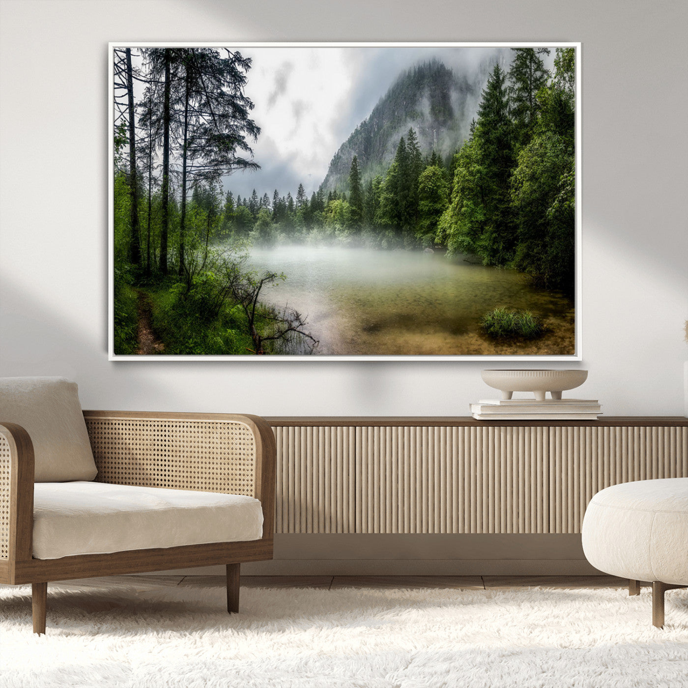 93123937-MGV-CV-36X24-Landscape Wall Art – Misty Mountain Lake Canvas Print, Tranquil Forest and Waterfall Photography Decor for Bedroom, Living Room,