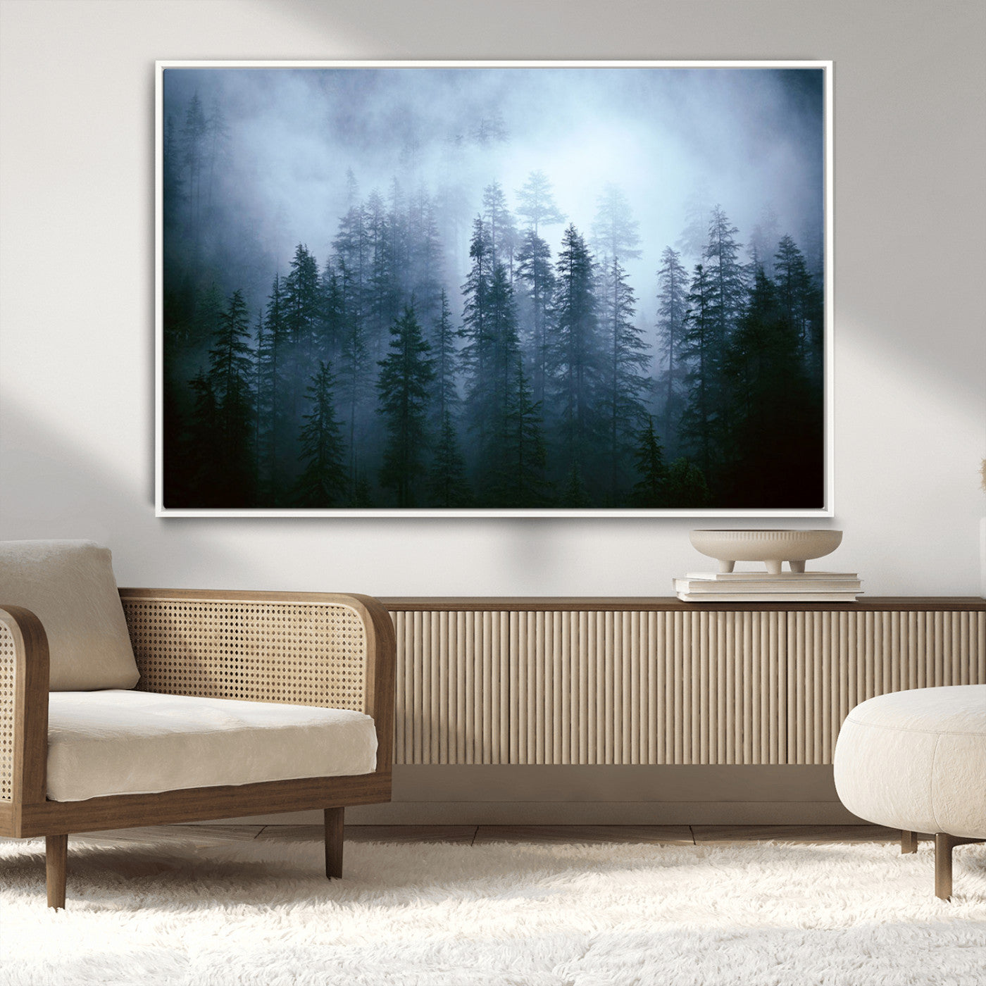 93439624-MGV-CV-36X24-Forest Wall Art – Misty Pine Trees Canvas Print, Moody Nature Photography Decor for Bedroom, Living Room, Office, Cabin, Lodge or