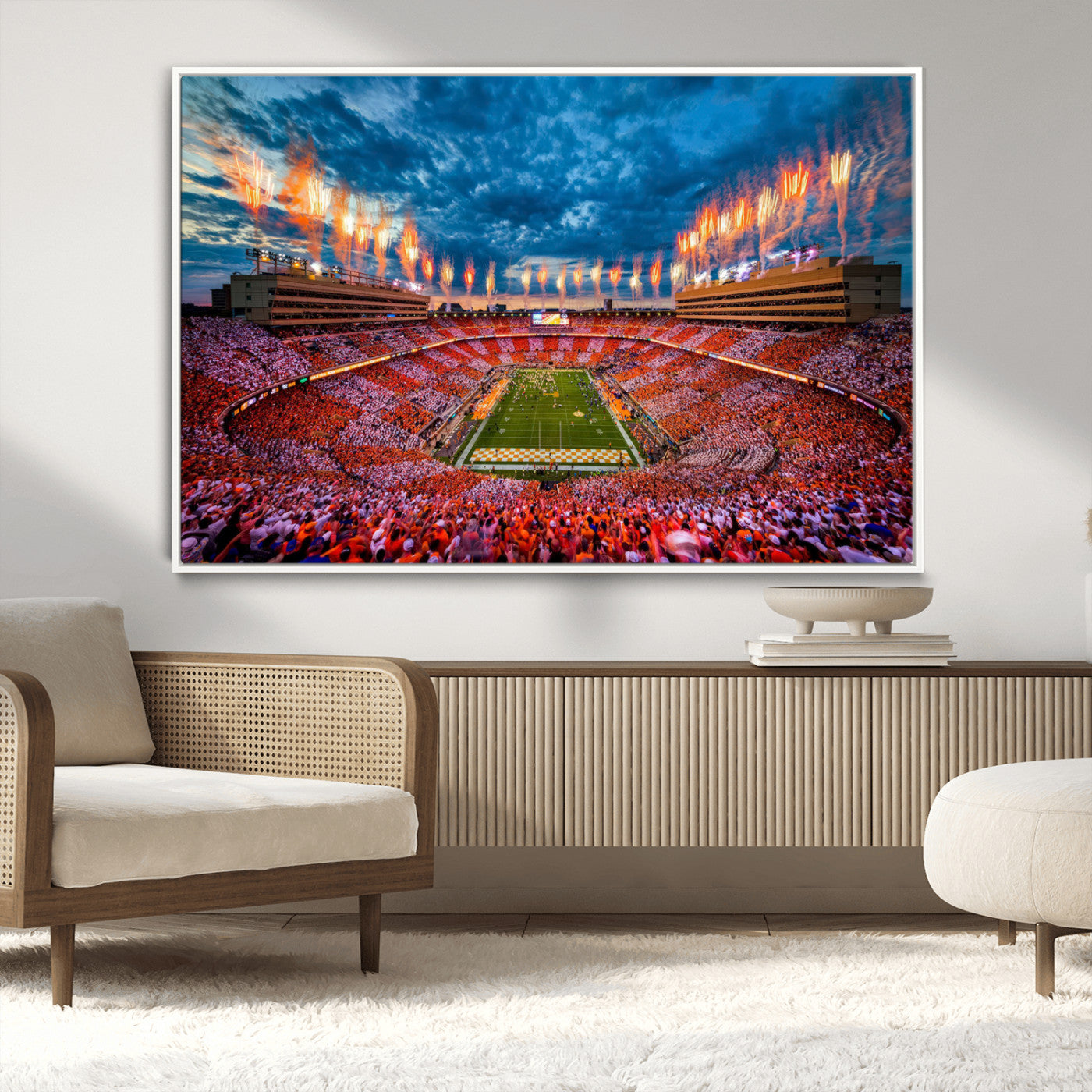 94266219-MGV-CV-36X24-Neyland Stadium Wall Art – Panoramic Tennessee Volunteers Checkerboard Crowd Fireworks Canvas Print, Football Game Day Sports