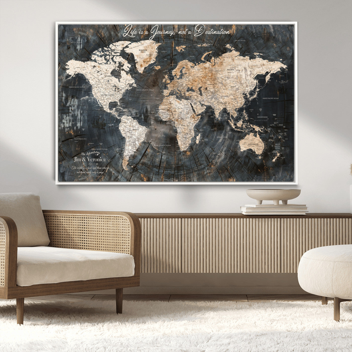 55548943-MGV-CV-36X24-Personalized World Map Wall Art – Rustic Wood Texture Adventure Travel Map with Custom Couple Names, Vintage Dark Wall Decor for