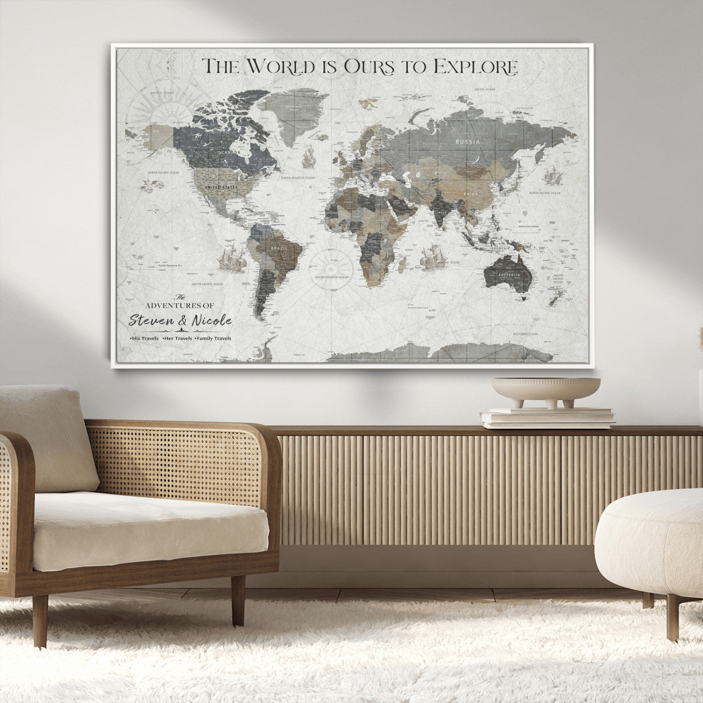 97082026-MGV-CV-36X24-Personalized World Map Wall Art – Vintage Gray Adventure Travel Map with Custom Couple or Family Names, Rustic Wall Decor for Home