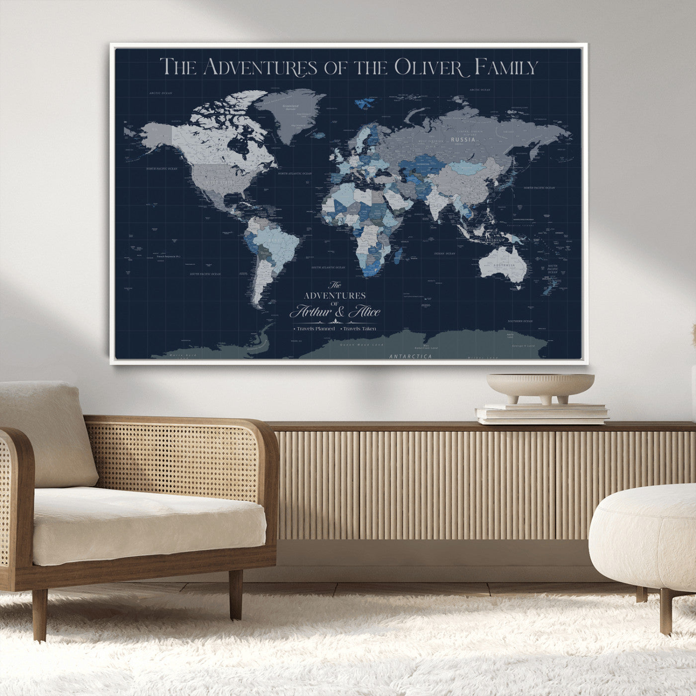 76726424-MGV-CV-36X24-Personalized World Map Wall Art – Navy Blue & Grey Adventure Travel Map with Custom Family or Couple Names, Modern Wall Decor for