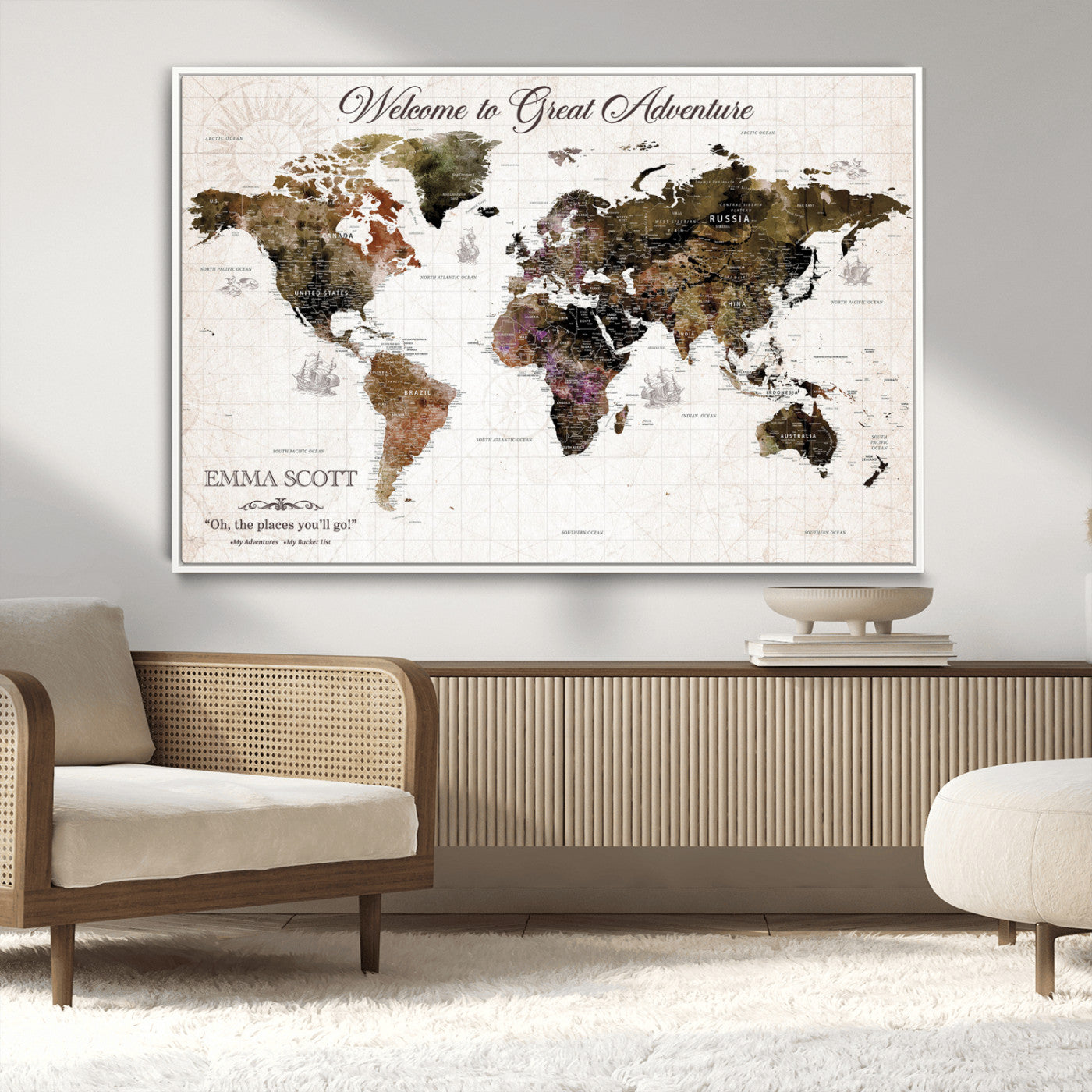 33631532-MGV-CV-36X24-Personalized World Map Wall Art – Dark Vintage Adventure Travel Map with Custom Names, Rustic Wall Decor for Couples, Home or