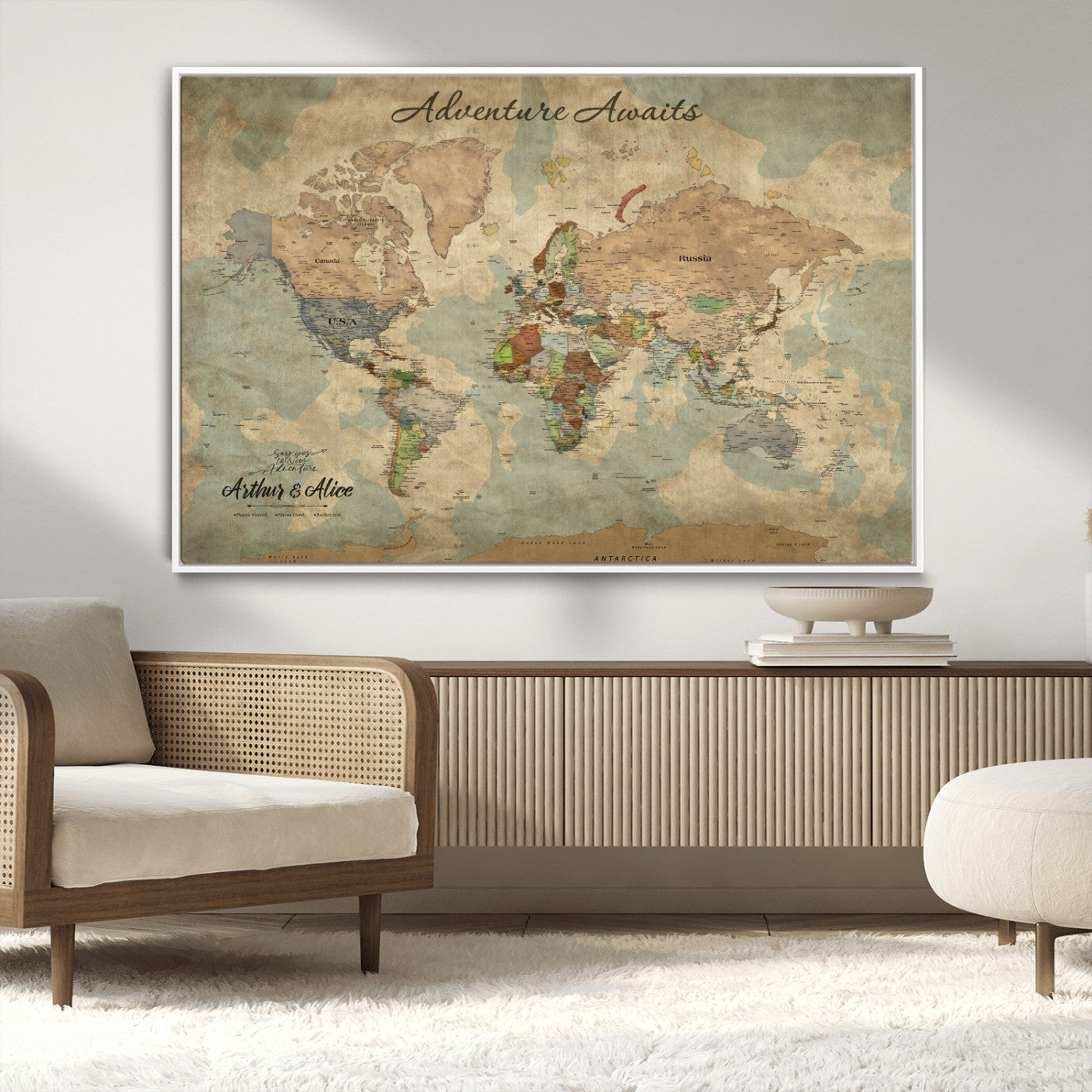62500285-MGV-CV-36X24-Personalized World Map Wall Art – Rustic Watercolor Adventure Awaits Travel Map with Custom Couple Names, Vintage Wall Decor for