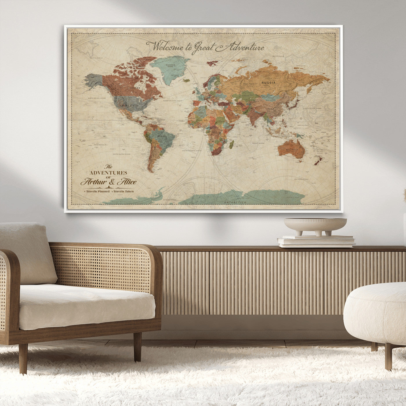 43497401-MGV-CV-36X24-Personalized World Map Wall Art – Vintage Rustic Adventure Travel Map with Custom Couple Names, Welcome to Great Adventure Wall