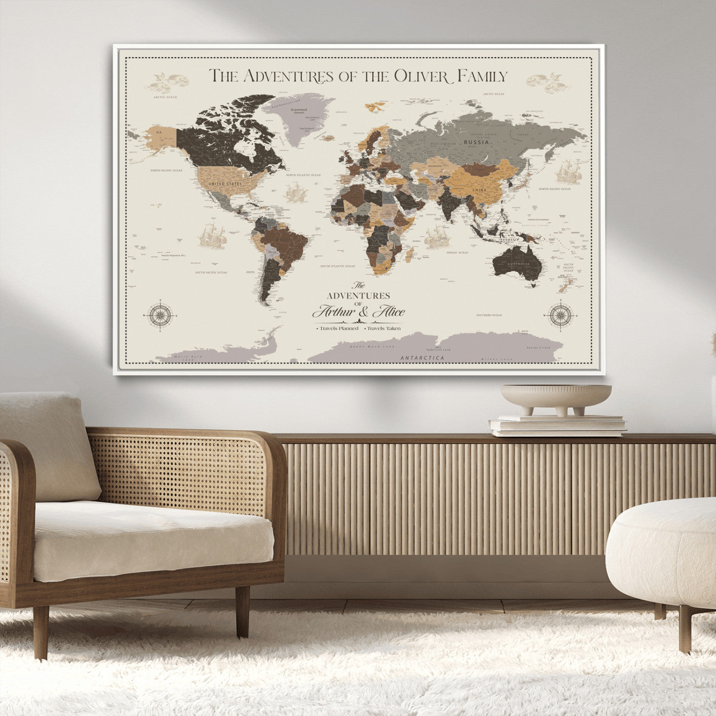 40679469-MGV-CV-36X24-Personalized World Map Wall Art – Neutral Tones Adventure Travel Map with Custom Family Names, Rustic Wall Decor for Living Room