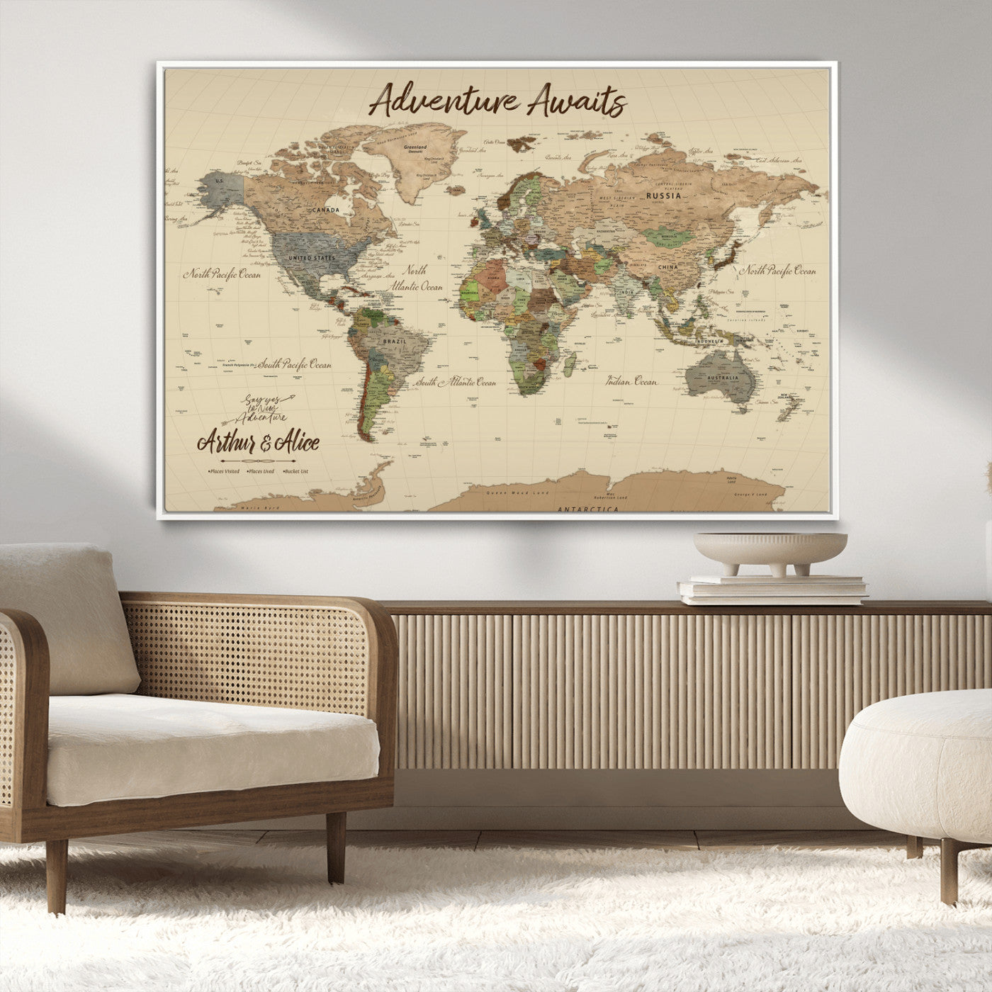 53442996-MGV-CV-36X24-Personalized World Map Wall Art – Adventure Awaits Vintage Travel Map with Custom Couple Names, Rustic Wall Decor for Home,
