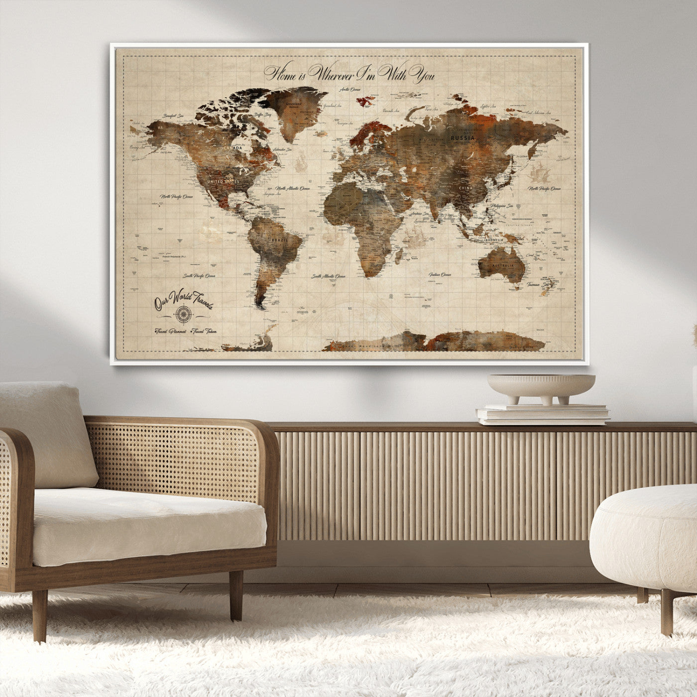 48225643-MGV-CV-36X24-Personalized World Map Wall Art – Rustic Vintage Adventure Travel Map with Custom Couple Names, Romantic Wall Decor for Home or