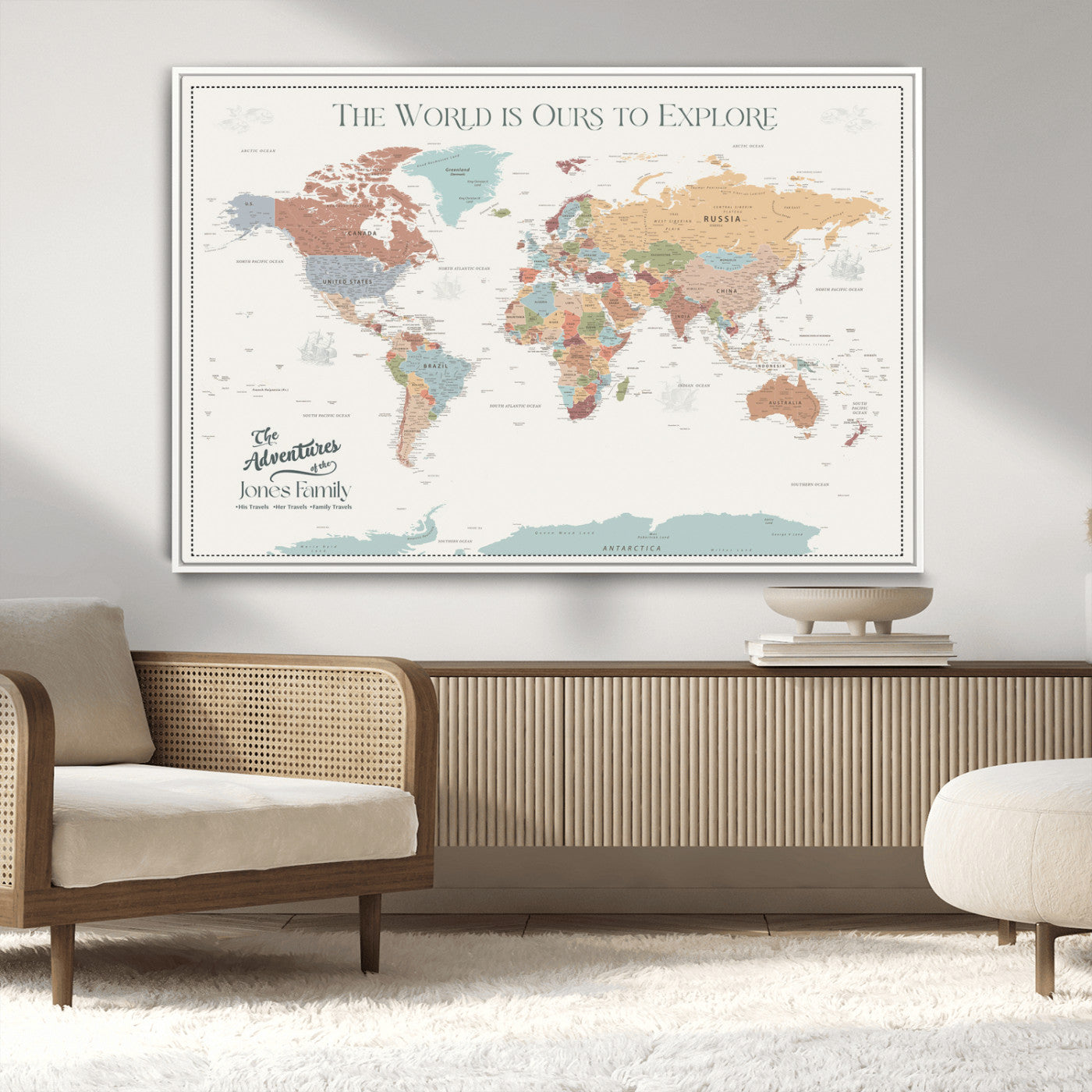 69180591-MGV-CV-36X24-Personalized World Map Wall Art – Rustic Vintage Adventure Travel Map with Custom Family Names, Unique Wall Decor for Couples,