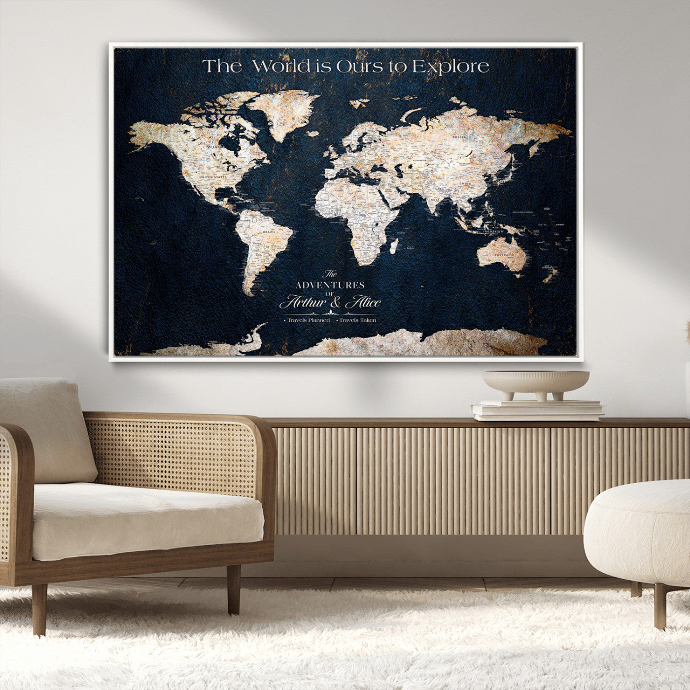13231361-MGV-CV-36X24-Personalized World Map Wall Art – Navy Blue Vintage Adventure Travel Map with Custom Names, Elegant Push Pin Canvas for Couples