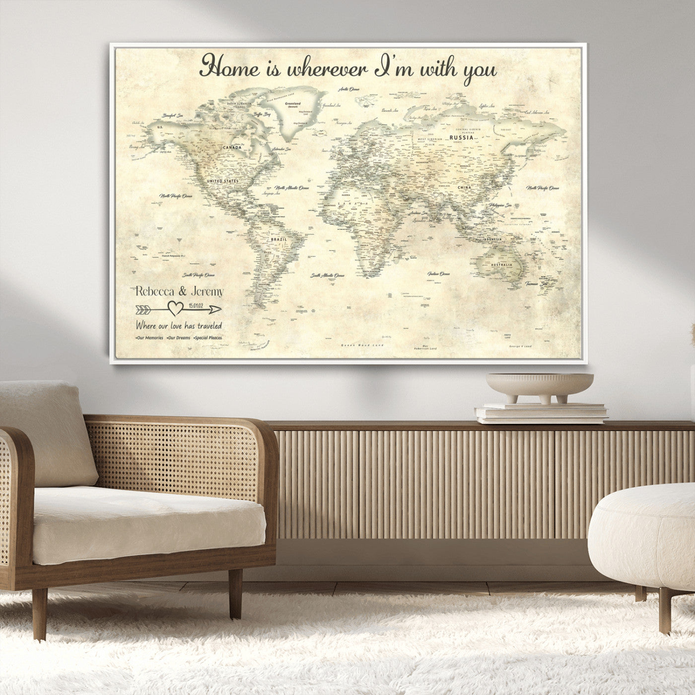 35009043-MGV-CV-36X24-Personalized World Map Wall Art – Vintage Beige Travel Map with Custom Names and Date, Romantic Anniversary Gift for Couples Home