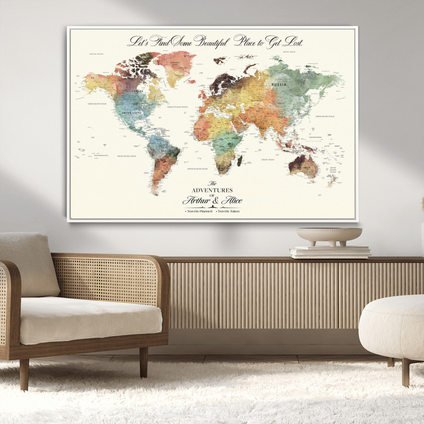 10311652-MGV-CV-36X24-Personalized World Map Wall Art - Watercolor Travel Map with Custom Names Minimalist Design for Couples&Families - Decor for Home,