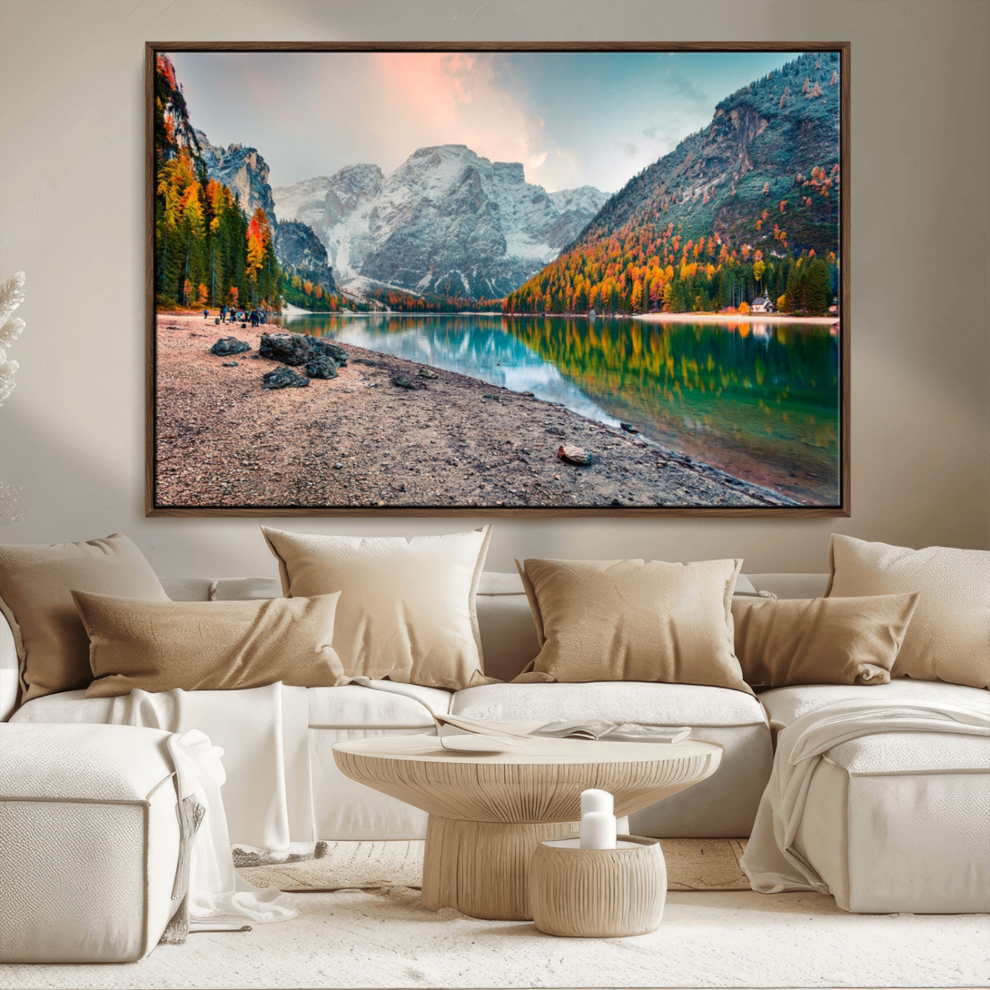 25982-MGV-FC-36X24_Walnut-Autumn Mountain Lake Wall Art – Panoramic Fall Foliage and Snowy Peaks Canvas Print, Scenic Nature Decor for Living Room or Office