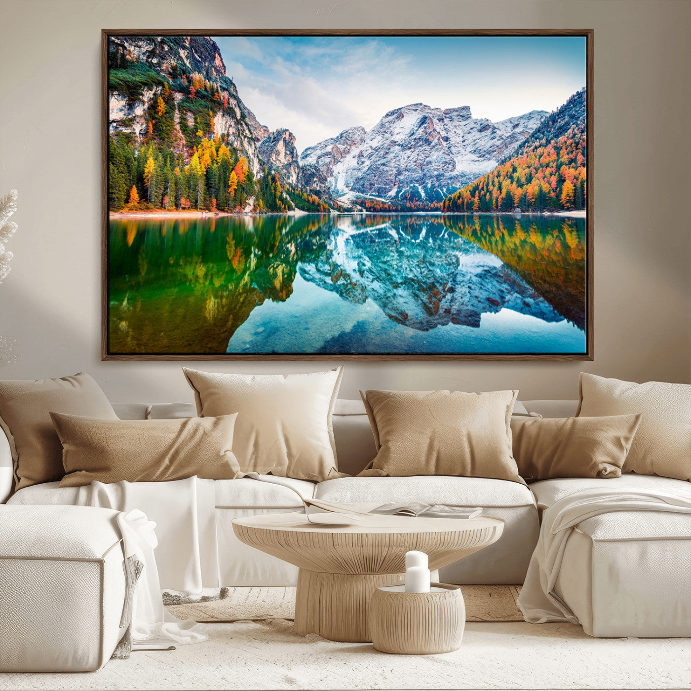 10402-MGV-CV-36X24-Snowy Mountain Lake Wall Art – Autumn Landscape Canvas Print with Reflection, Nature Decor for Living Room, Office, Bedroom or