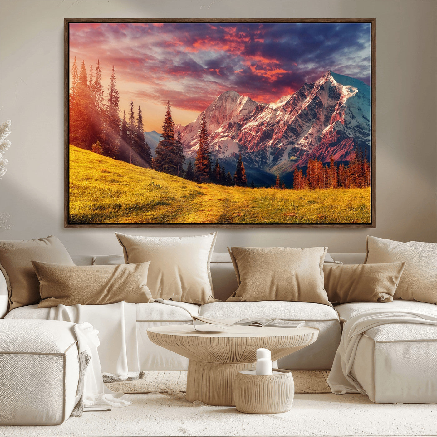 83947-MGV-CV-36X24-Sunset Mountain Landscape Wall Art – Panoramic Alpine Meadow and Snow Capped Peaks Canvas Print, Nature Scenic Decor for Home,