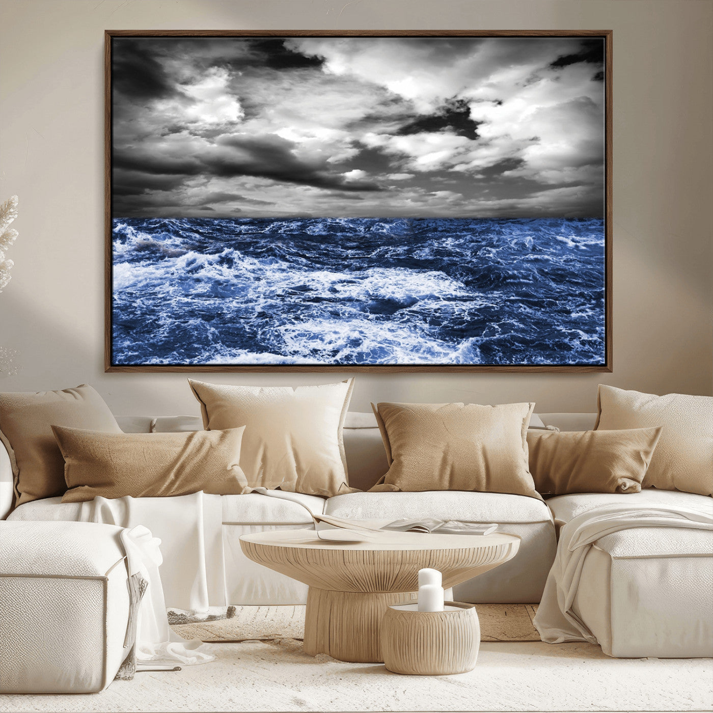 36012-MGV-CV-36X24-Dramatic Stormy Ocean Waves Black and White with Deep Blue Highlights – Moody Seascape Wall Art, Nature Photography Print for Home