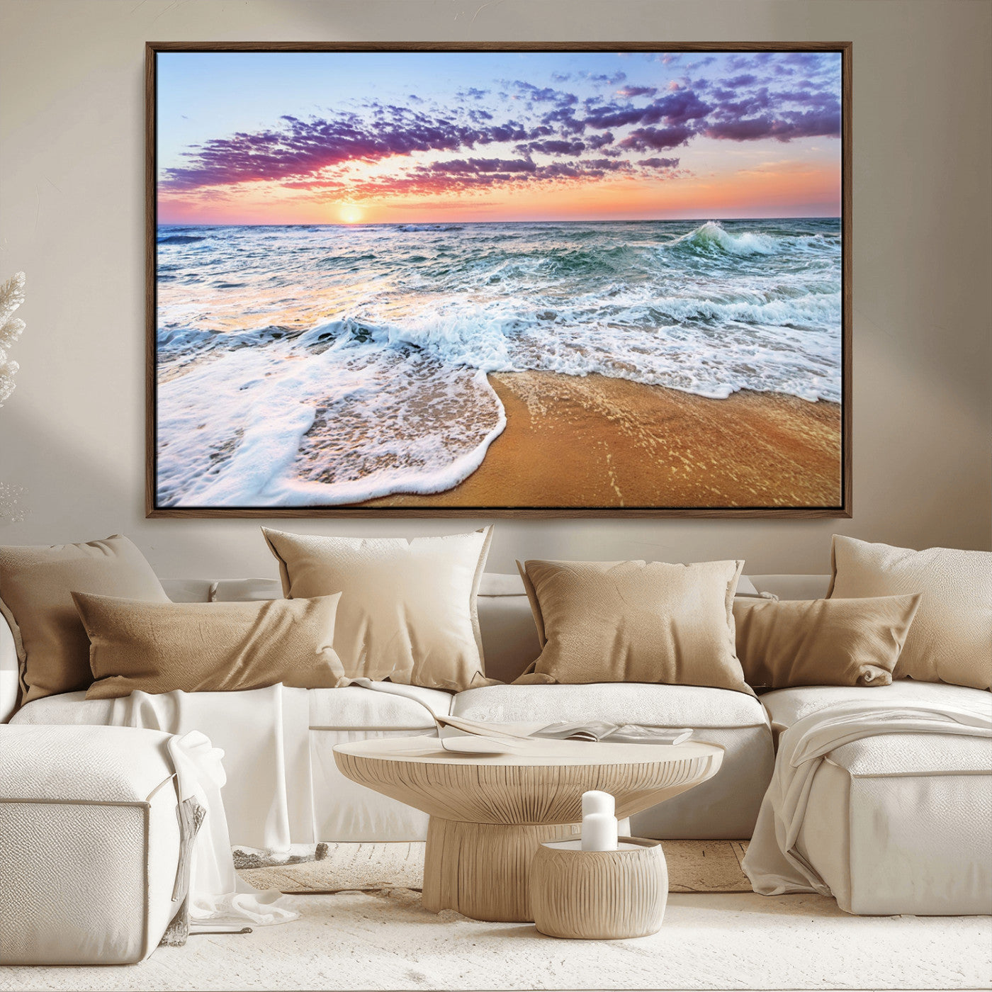 53006-MGV-FC-36X24_Walnut-Ocean Beach Sunset Wall Art – Vibrant Seascape Canvas Print, Coastal Home Decor for Living Room, Bedroom, Office or Beach House