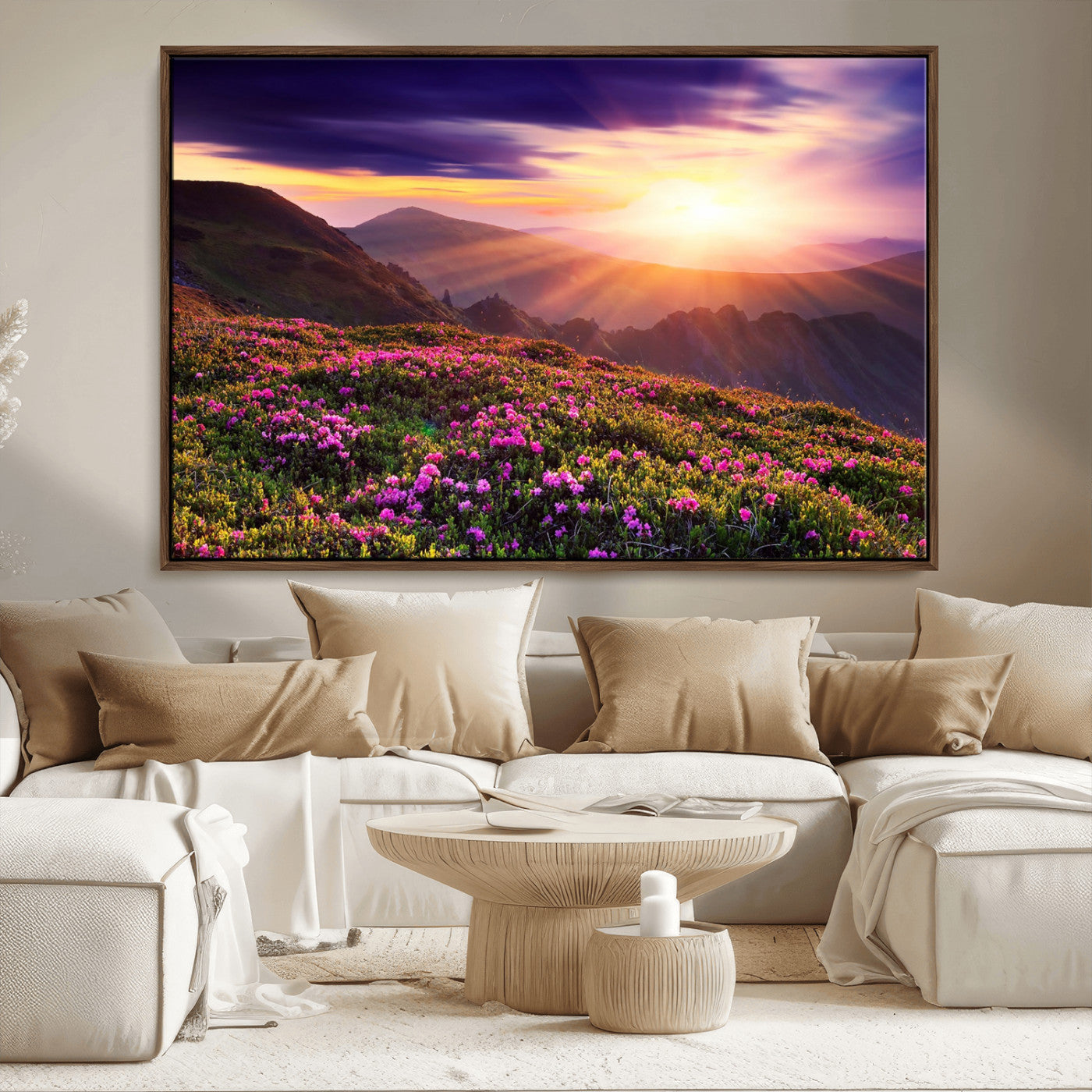 49741-MGV-FC-36X24_Walnut-Mountain Sunrise Wall Art – Vibrant Floral Landscape Canvas Print, Nature Home Decor for Living Room, Bedroom Office or Cabin