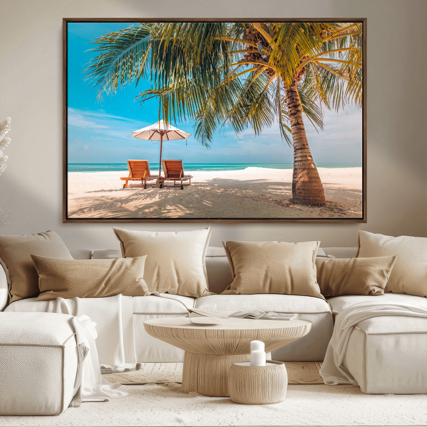 69754-MGV-FC-36X24_Walnut-Tropical Beach Wall Art – Relaxing Palm Tree and Lounge Chairs Canvas Print, Serene Coastal Decor for Living Room, Bedroom, Office