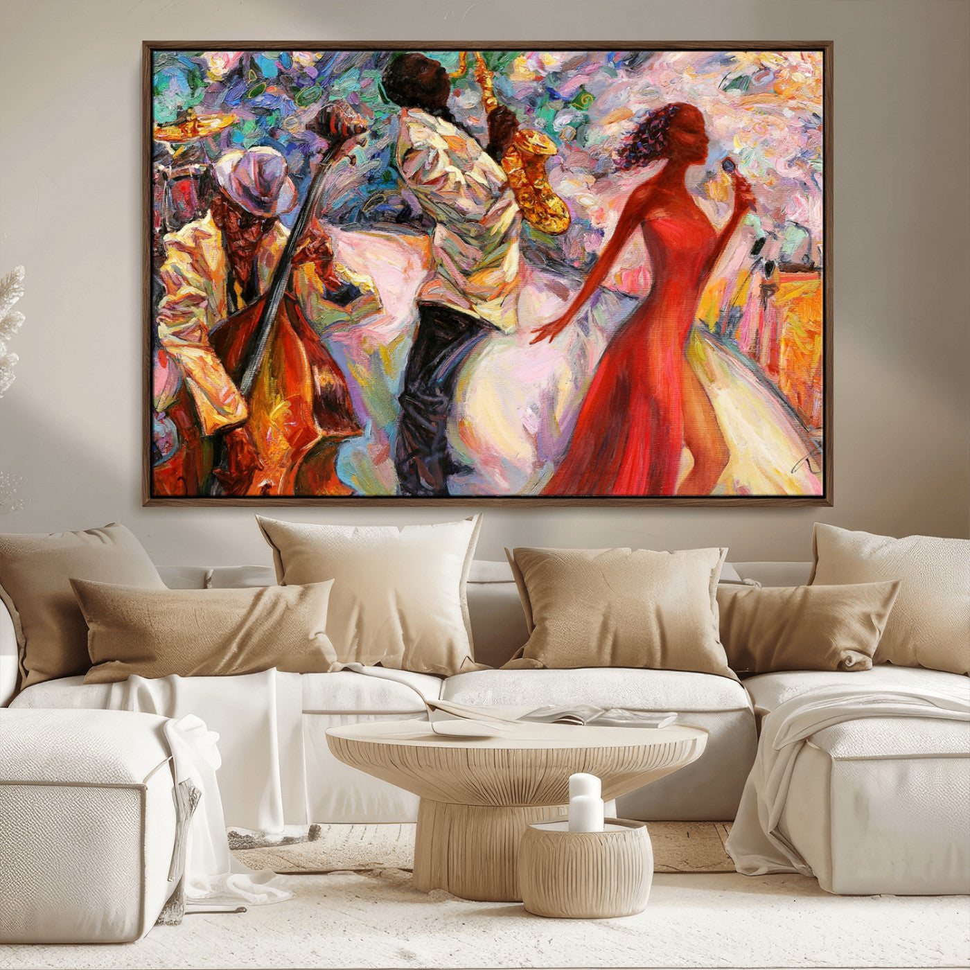 39004-MGV-CV-36X24-Jazz Music Wall Art – Colorful Abstract Canvas Triptych Featuring Saxophone, Singer and Bass, Vibrant Musician Painting for Living