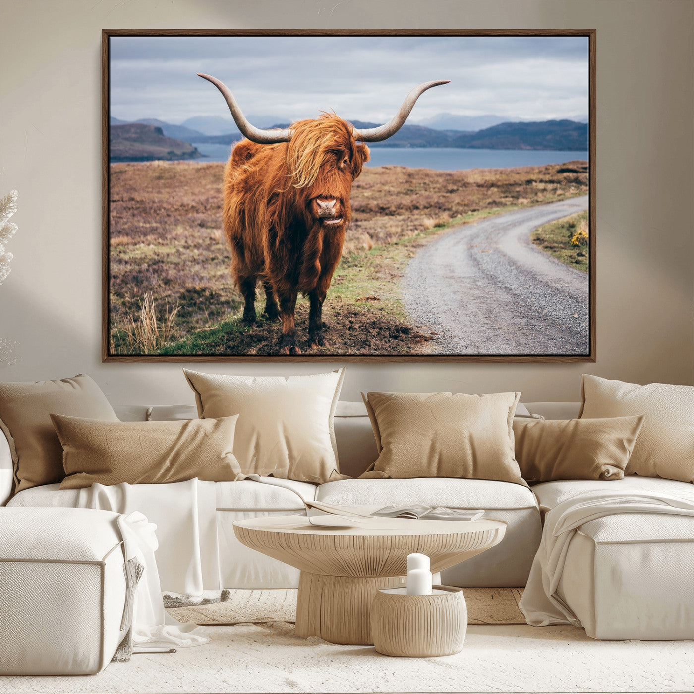 56121-MGV-FC-36X24_Walnut-Rustic Highland Cow Wall Art – Panoramic Nature Canvas Print, Perfect Decor for Home, Office, Living Room or Man Cave