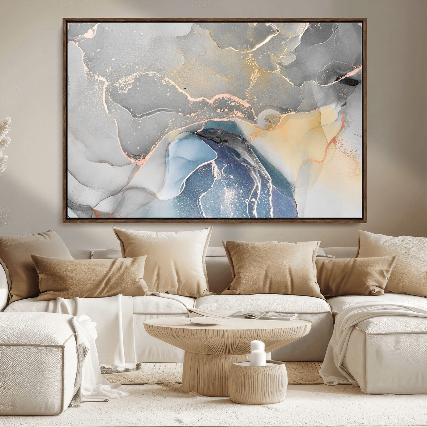 63211-MGV-CV-36X24-Abstract Fluid Art Wall Decor – Blue, Gray & Gold Canvas Print, Modern Home and Office Wall Art Decor for Living Room, Bedroom or