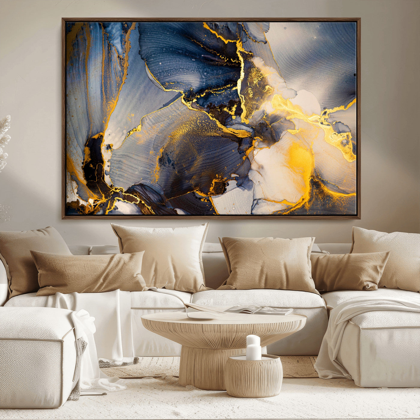 42100-MGV-CV-36X24-Golden Flow Abstract Wall Art – Panoramic Modern Blue and Gold Canvas Print, Contemporary Artistic Decor for Home, Office