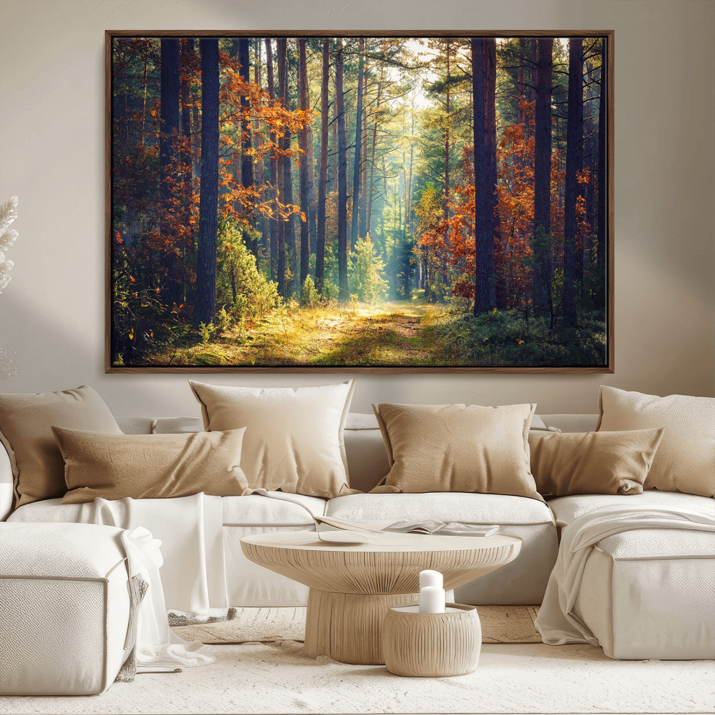 86249-MGV-FC-36X24_Walnut-Sunlit Autumn Forest Path Wall Art – Peaceful Nature Scene with Fall Foliage, Calming Woods Decor for Home or Office