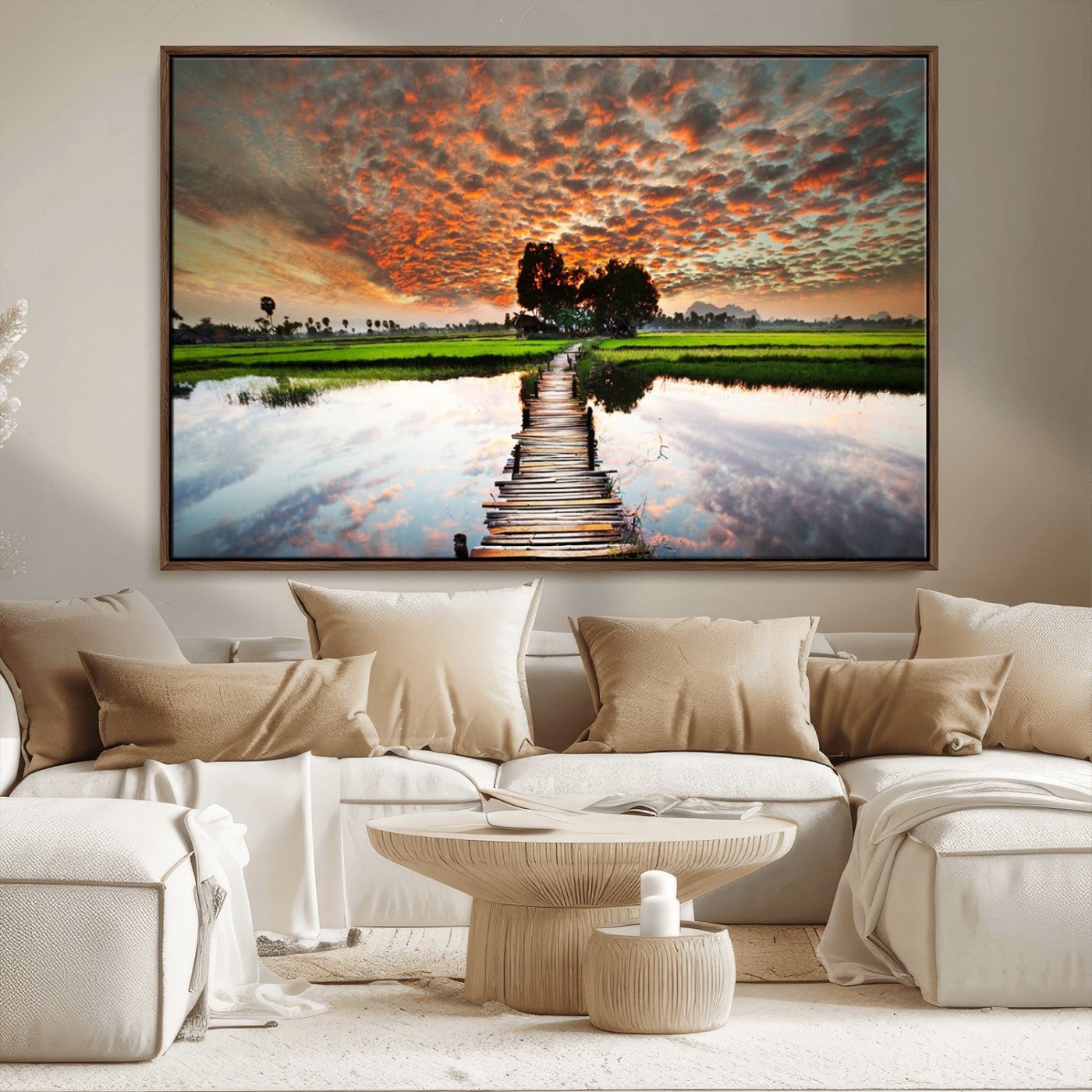 29105-MGV-FC-36X24_Walnut-Rustic Wooden Bridge Wall Art – Scenic Sunset Over Rice Fields and Reflective Water Canvas Print, Nature Landscape Decor for