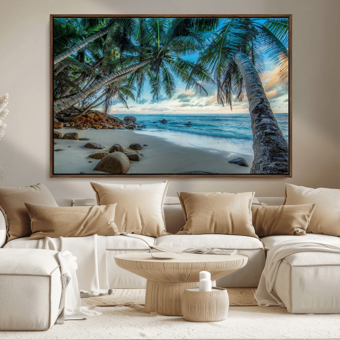 39679-MGV-CV-36X24-Tropical Palm Beach Wall Art – Serene Ocean Canvas Print with Palm Trees and Rocks, Coastal Paradise Decor for Living Room or
