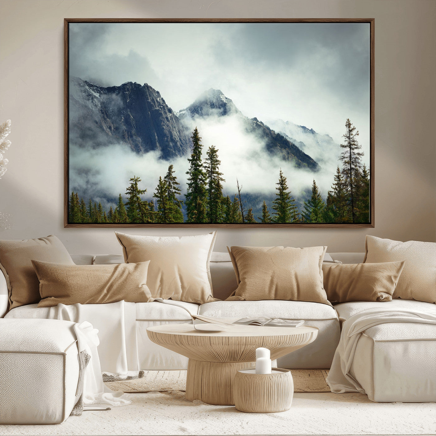 93219-MGV-FC-36X24_Walnut-Misty Mountain Wall Art – Foggy Pines and Rocky Peaks Canvas Print, Nature Landscape Decor for Living Room, Office or Bedroom