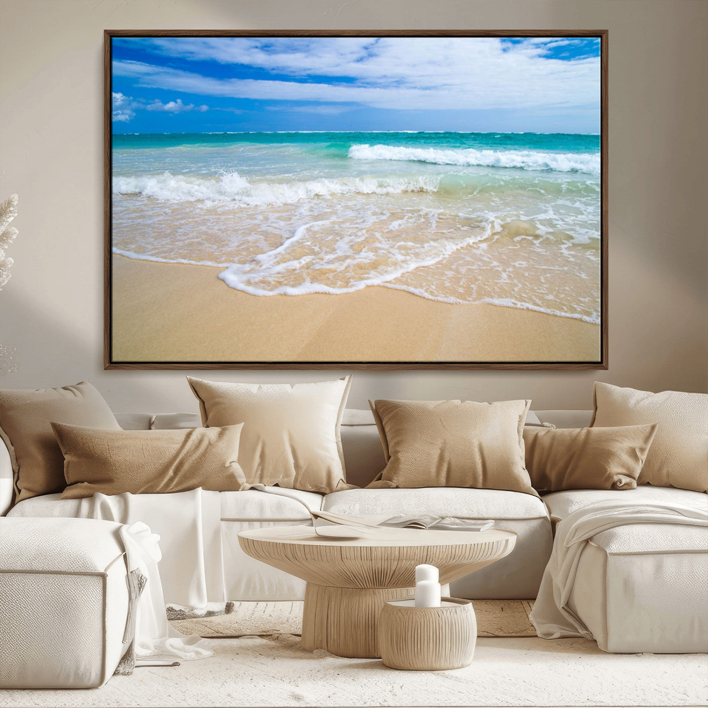 20660-MGV-CV-36X24-Ocean Wave Beach Wall Art – Serene Blue Sea and Sandy Shore Canvas Print, Coastal Landscape Photography Decor for Living Room or