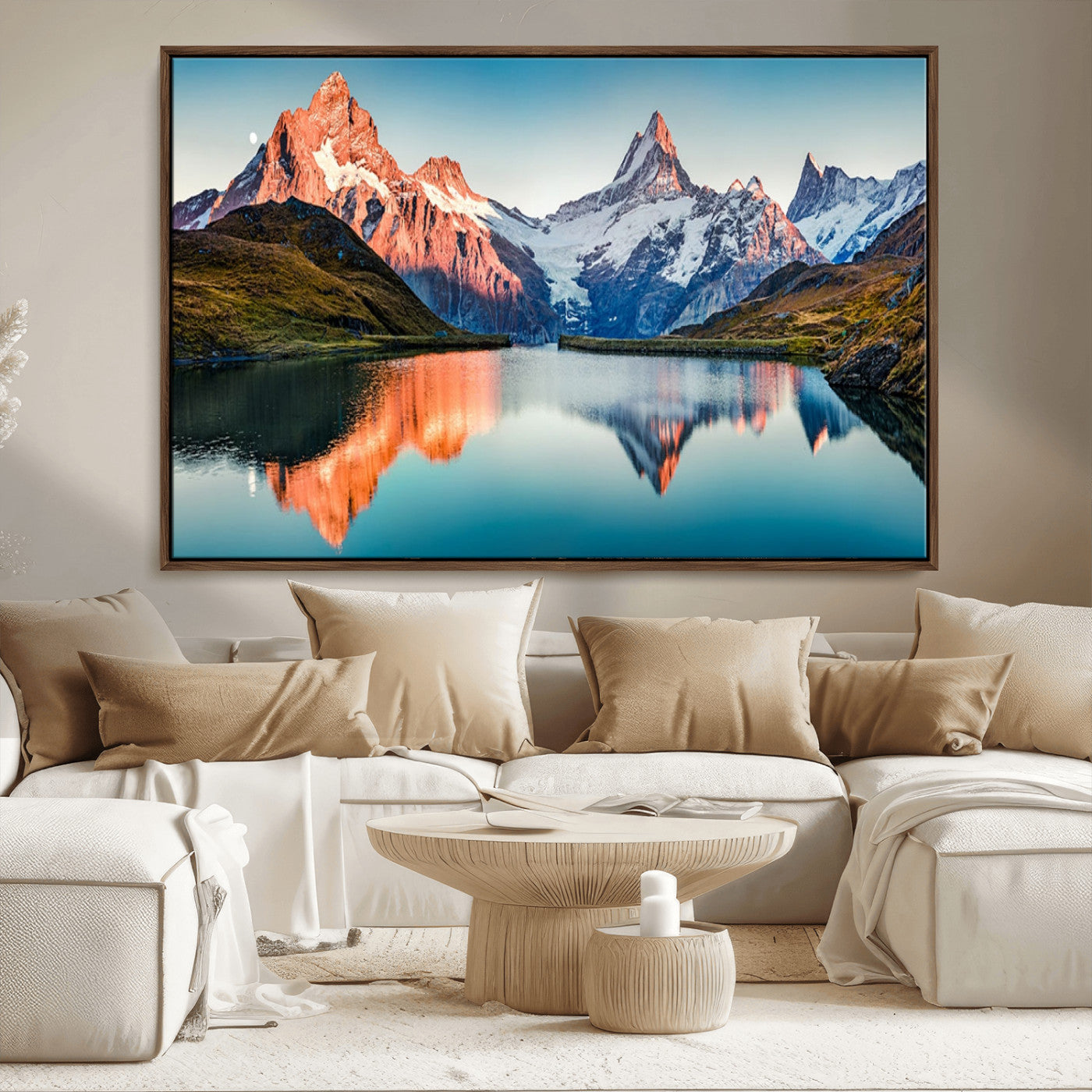 88453-MGV-CV-36X24-Mountain Lake Wall Art – Snow-Capped Peaks Reflected in Alpine Water Canvas Print, Nature Landscape Wall Decor for Living Room or