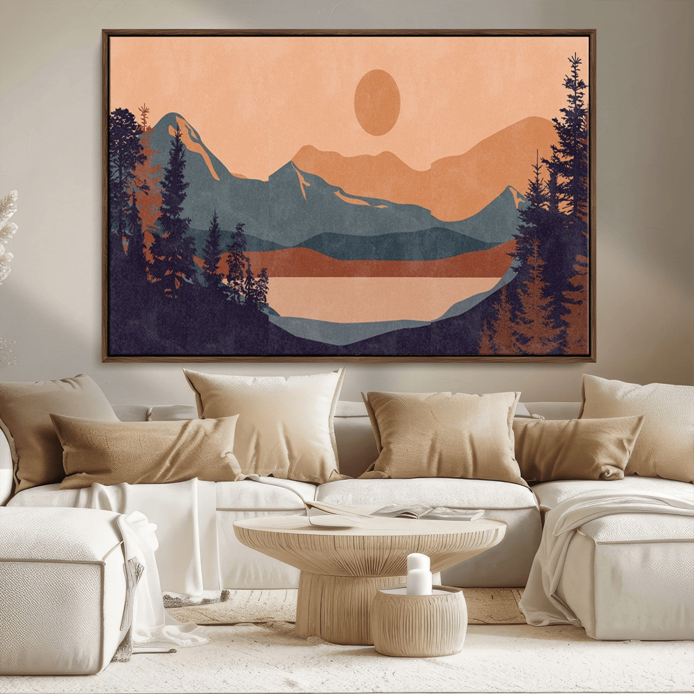 62795-MGV-CV-36X24-Minimalist Mountain Landscape Wall Art – Abstract Sunset Over Peaks and Pine Trees Canvas Print, Modern Nature Decor for Living